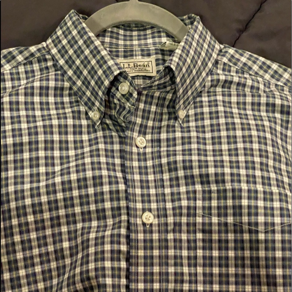 LL Bean Mens Casual Button down Plaid Multi colored Long sleeve 100% Cotton Lg